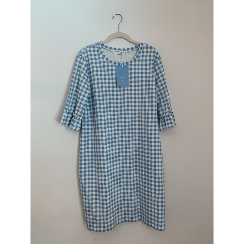 NWT Sonnet James A Play Dress SzXXL Blue White Gingham Ruffle Sleeve Sheath Prep